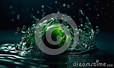 Splashes of fresh water covering green fruit. Freshness concept. Black backdrop. Generative AI Stock Photo