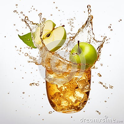 Splashing Apple Pieces In Ice Cup: A Multi-layered Composition Stock Photo