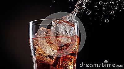 splashing cola glass on black quick refreshing fast food unhealthy high calorie Stock Photo