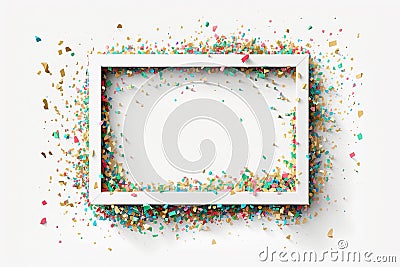 Splashing colorful confetti on empty frame on white background. AI generative Stock Photo