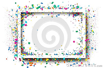 Splashing colorful confetti on empty frame on white background. AI generative Stock Photo