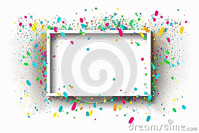 Splashing colorful confetti on empty frame on white background. AI generative Stock Photo