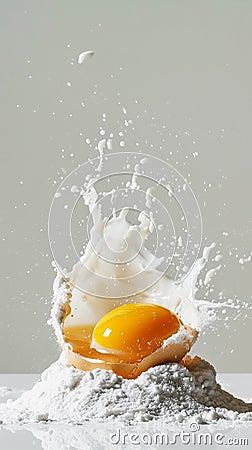 Splashing of egg yolk, flour and milk against light background. Cooking concept. Aesthetic kitchen style. Generative AI Stock Photo