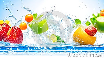 Splashing fruit on water. Fresh Fruit and Vegetables being shot as they submerged under water. Illustration of Washing food before Stock Photo