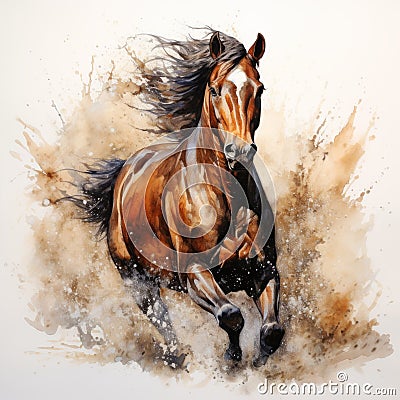 Splashing Horse: Dark Beige And Amber Watercolor Painting Cartoon Illustration