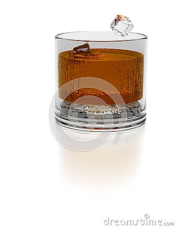 Splashing scotch. 3D illustration. Ice cubes fall into a glass of whiskey on white Cartoon Illustration