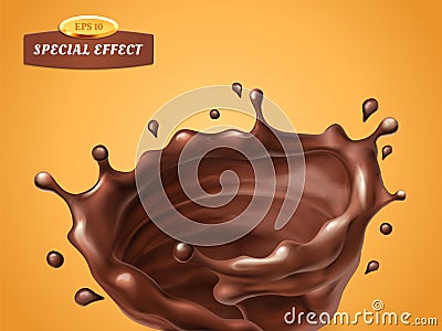 Splashing whirl chocolate cream or sauce isolated on orange background. Vector special flow effect. Liquid wave with Vector Illustration