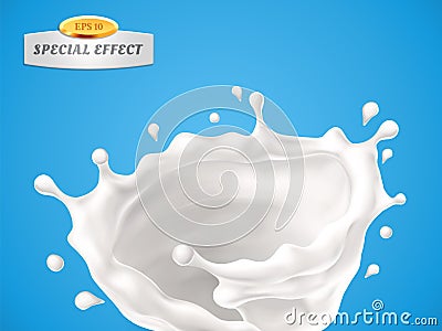 Splashing whirl milk or cream or sauce isolated on blue background. Vector special flow effect. Liquid wave with Vector Illustration