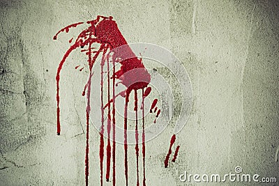 Splatter of red blood on wall in abandoned house. Halloween festival and event. Murder and Killer theme. Background for horror and Stock Photo