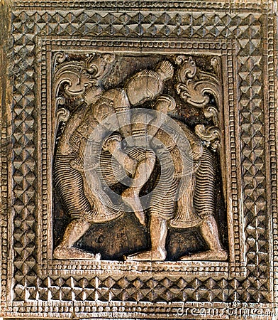 Splendid Ancient Woodcarvings At Embekka, Sri Lanka Stock Photo