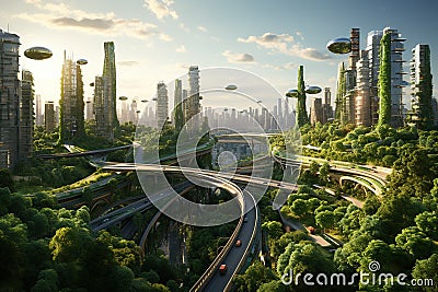 Splendid eco-futuristic cityscape, futuristic urban forest estates city Stock Photo