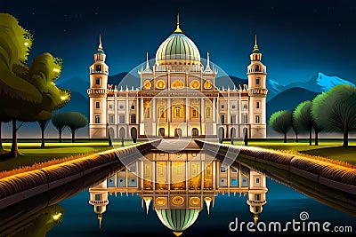 Splendid fairytale royal palace at night Cartoon Illustration