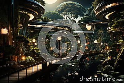 Splendid futuristic cityscape, urban forest estates city at night with light Stock Photo