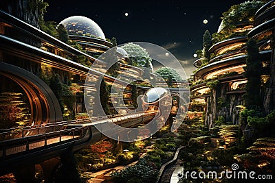 Splendid futuristic cityscape, urban forest estates city at night with light, Stock Photo