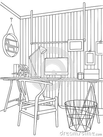 Splendid Scandinavian Workspace Interior Outline Vector Illustration