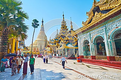 The splendid shrines of Shwedagon complex, Yangon, Myanmar Editorial Stock Photo