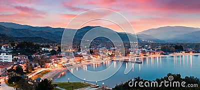 Splendid spring scene of the Aegean sea. Colorful sunset of the Olimpiada town, Greece, Europe. Stock Photo