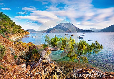 Splendid summer seascape of Mediterranean sea. Sunny morning view of Adrasan bay with view of Moses Mountain, Turkey, Asia. Beauty Stock Photo