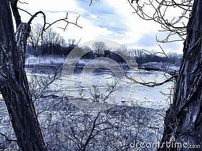 Splendid view of a calm lake in between trees.. Stock Photo