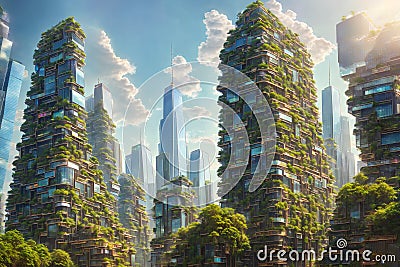 Splendid view of futuristic vertical gardens ecology concept, the green plants at balcony of skyscrapers. AI generated Stock Photo