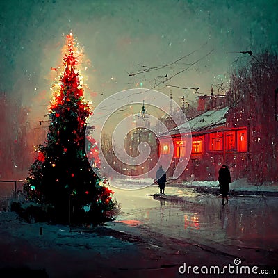 Splendid view of new year tree on a frosty evening town Cartoon Illustration