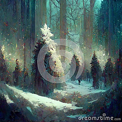 Splendid view of snow-capped spruces on a frosty evening. Fabulous nature digital generated illustration Cartoon Illustration