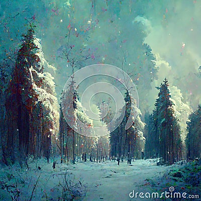 Splendid view of snow-capped spruces on a frosty evening. Fabulous nature digital generated illustration Cartoon Illustration