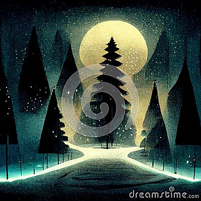 Splendid view of snow-capped spruces on a frosty evening. Fabulous nature digital generated illustration Cartoon Illustration