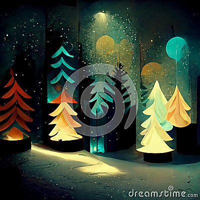 Splendid view of snow-capped spruces on a frosty evening. Fabulous nature digital generated illustration Cartoon Illustration