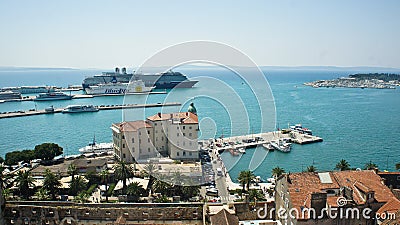 Split, Croatia - 07 22 2015 - Aerial view of the city from the bell tower, port with yachts, beautiful cityscape, sunny day Editorial Stock Photo