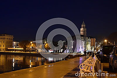 Split Croatia artistic photo during the night time with famous landmark Stock Photo