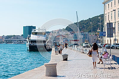 Split Croatia September 2020 Riviera waterside view of the town of Split. People walking along the sea on a warm summer day, end Editorial Stock Photo