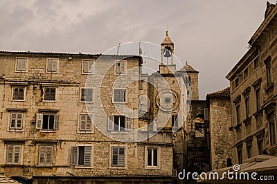 Split, Dalmatia, Croatia; 09/07/2018: Town Square. Clock tower. The medieval architecture of the Croatian city of Split. Stock Photo