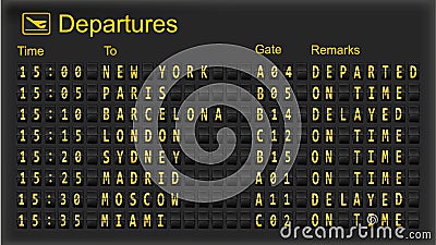 Split flap mechanical departures board. Vector Illustration