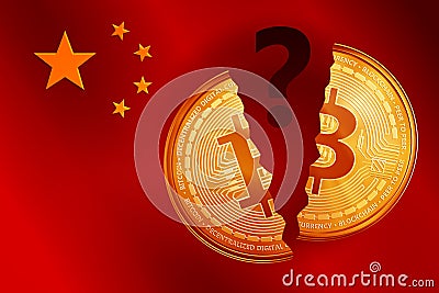 Split golden bitcoin coin symbol with question mark on the China flag. Stock Photo