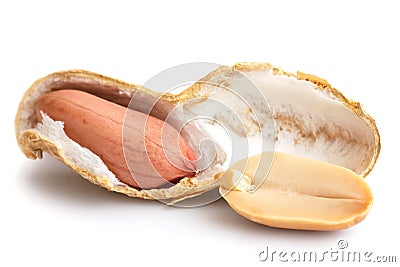 Split open peanut shells with nuts visible Stock Photo