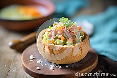 split pea soup in a bread bowl on a rustic cloth Stock Photo
