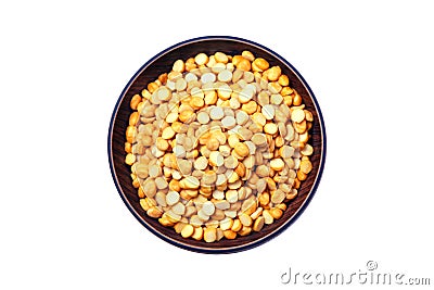 Split Chickpea Also Know as Chana Dal, Toor Dal, Heap of yellow split chickpeas, Raw lentil, isolated on white Background Stock Photo