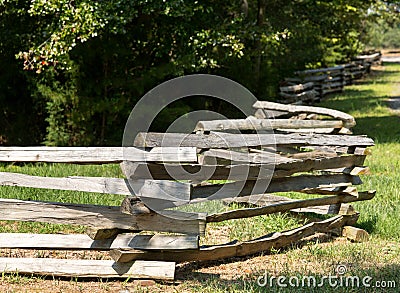 Split rail fence by edge of forest Stock Photo