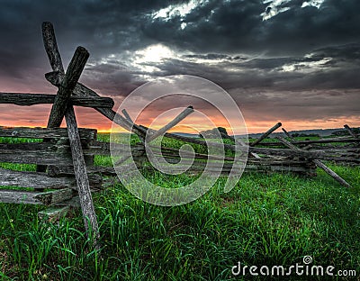 Split-Rail Fence and Sunrise Stock Photo