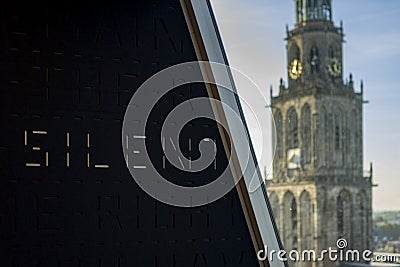 Split screen church tower and interior word Editorial Stock Photo