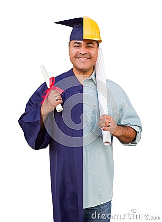 Split Screen Male Hispanic Graduate In Cap and Gown to Engineer in Hard Hat Concept Stock Photo