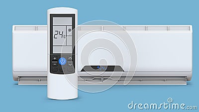 Split system air conditioner. Cool and cold climate control system. Realistic conditioning with remote controller. 3D Stock Photo