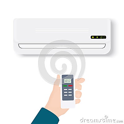 Split system air conditioner.Realistic conditioner with hand holding remote control. Vector illustration isolated on Vector Illustration