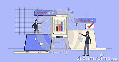 Split testing and different options in website retro tiny person concept Vector Illustration