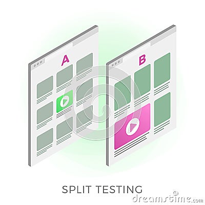 Split testing isometric vector icon. Comparing A and B web pages with different elements to identify better user convenience Vector Illustration