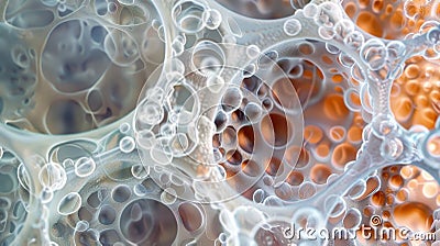 Split view of an alveolus with thin walls and a of surrounding cells representing the unique microstructure responsible Stock Photo