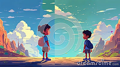 A splitscreen illustration showing the same child growing up in two different environments, with one resulting in Cartoon Illustration