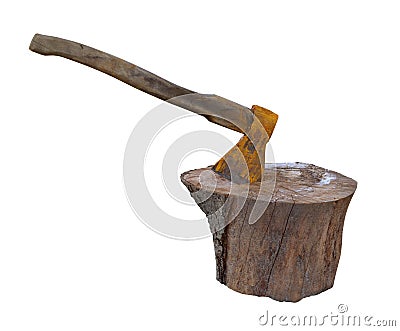 Splitting wood with axe isolated on white background Stock Photo