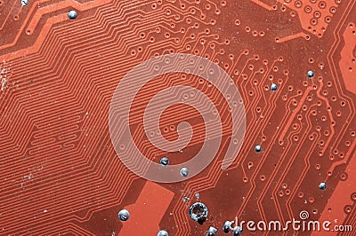 Spoiled motherboard close up. circuit board with dust and defects. micro elements of computer. Intelligent technology abstract Stock Photo